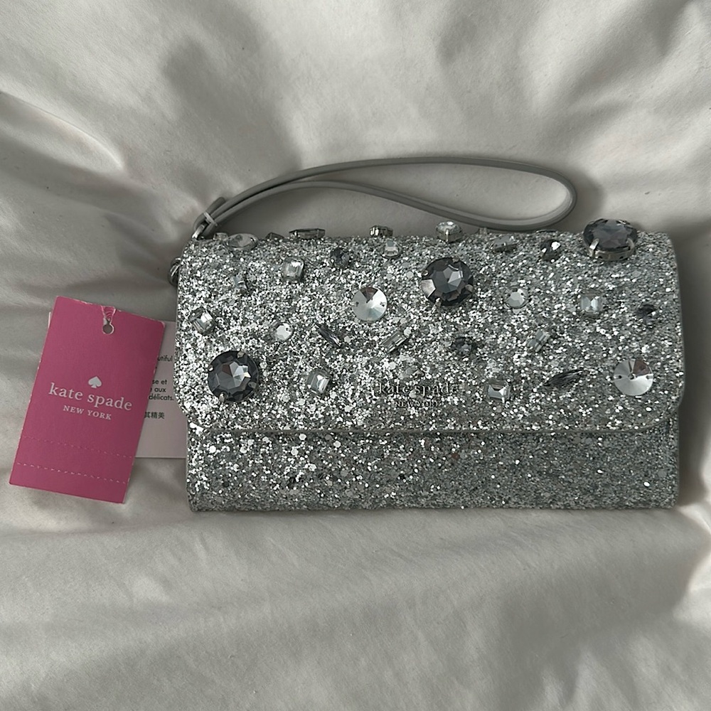 Kate Spade Tinsel Jeweled Silver Clutch with Wristlet